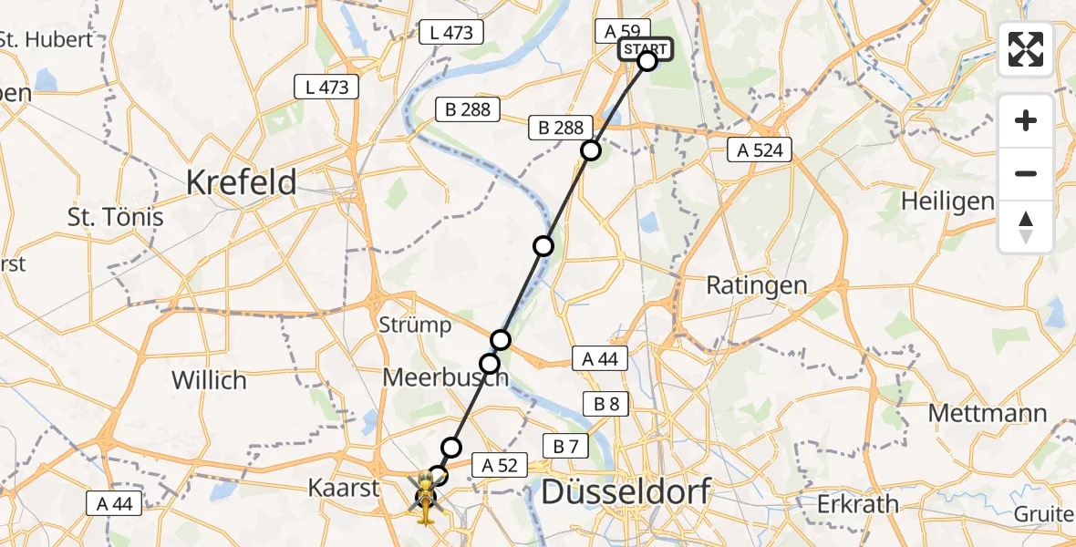 Flugroute Rettungshubschrauber Duisburg Air Rescue Hubschrauberlandeplatz (Christoph 9) - Neuss, 23 April 2026, 17:44