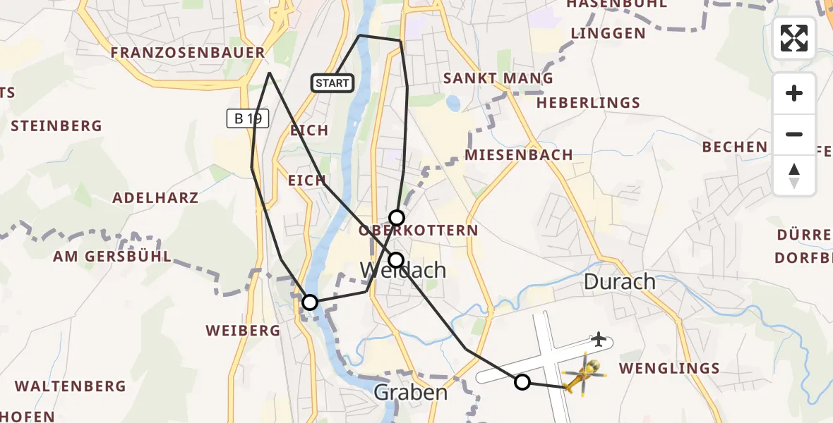 Flugroute Rettungshubschrauber Kempten (Allgäu) - Kempten-Durach Flugplatz, 23 April 2026, 17:45