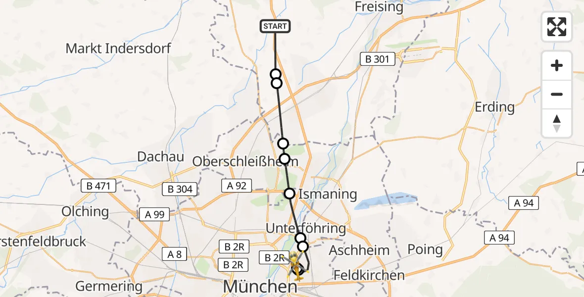Flugroute Rettungshubschrauber Kranzberg - München Bogenhausen Hospital, 23 April 2026, 17:48