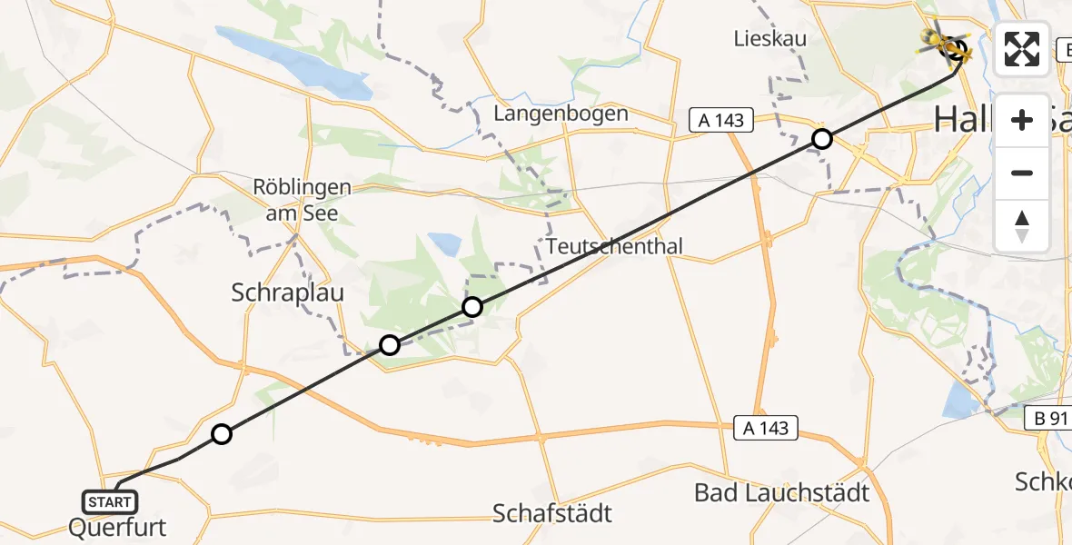 Flugroute Rettungshubschrauber Querfurt - Halle (Saale) University Hospital, 23 April 2026, 18:06