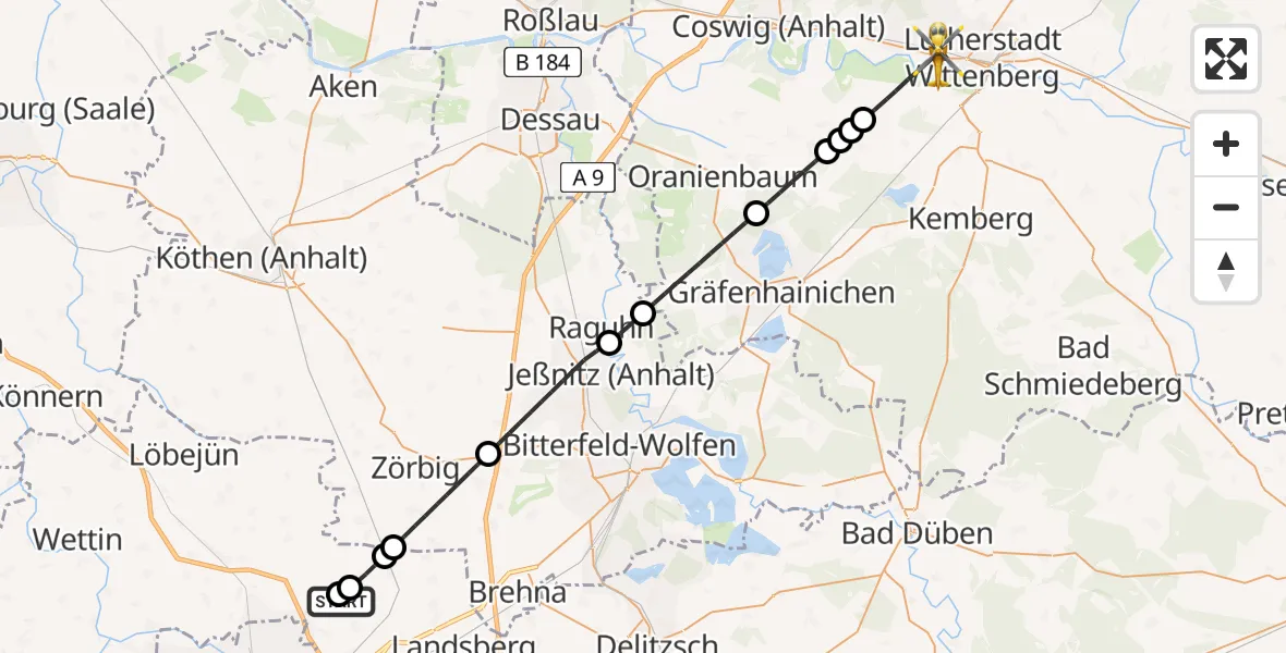 Flugroute Ambulanzhubschrauber Halle-Oppin Flugplatz - Wittenberg, 23 April 2026, 18:27