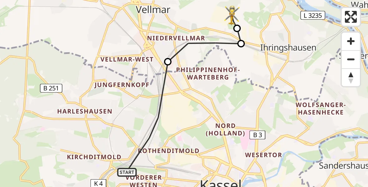 Flugroute Rettungshubschrauber Kassel - Fuldatal Bundespolizei Hubschrauberlandeplatz, 23 April 2026, 18:30