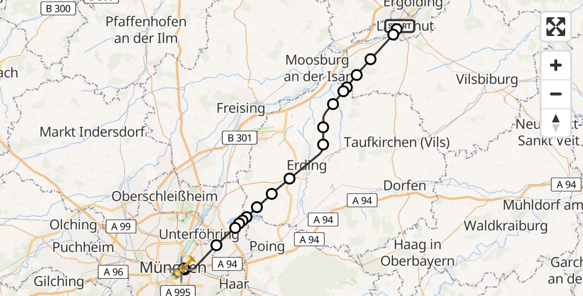 Flugroute Rettungshubschrauber Landshut Hospital - Rechts der Isar University Hospital, 23 April 2026, 18:32