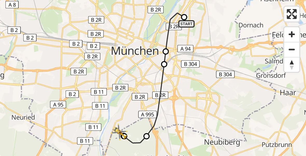 Flugroute Rettungshubschrauber München Bogenhausen Hospital - ADAC Air Rescue Center Hubschrauberlandeplatz (Christoph 1), 23 April 2026, 18:36