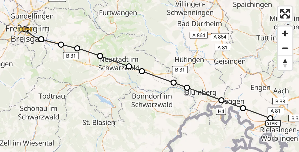 Flugroute Rettungshubschrauber Singen (Hohentwiel) - Freiburg University Hospital Heliport 1, 23 April 2026, 18:40