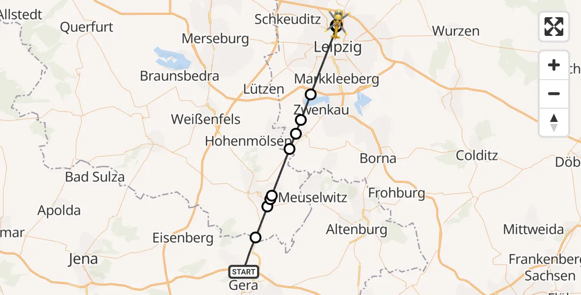 Flugroute Ambulanzhubschrauber Gera - Sankt Georg Hospital Leipzig Reserve, 23 April 2026, 19:16