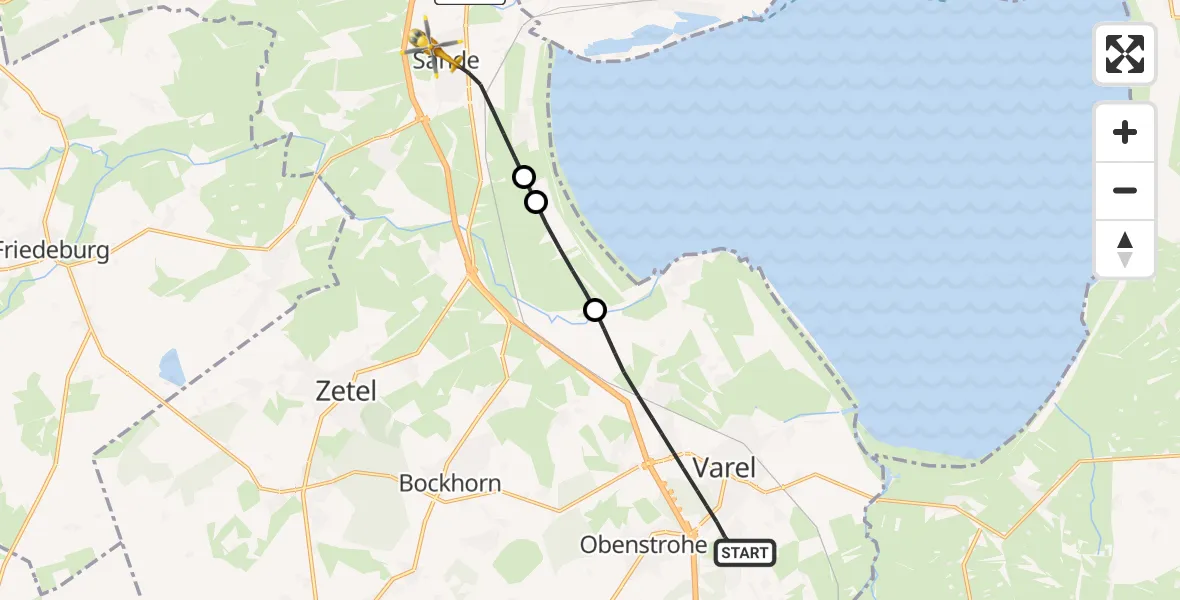 Flugroute Rettungshubschrauber Varel - Sande, 23 April 2026, 19:24