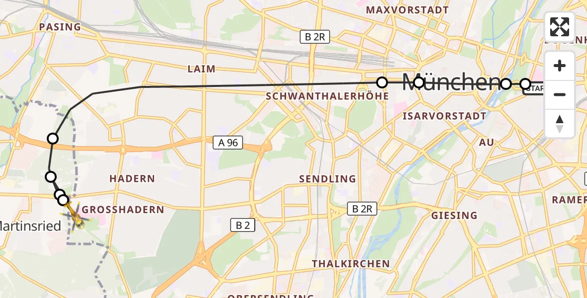 Flugroute Rettungshubschrauber Rechts der Isar University Hospital - DRF Air Rescue München Hubschrauberlandeplatz, 23 April 2026, 19:35