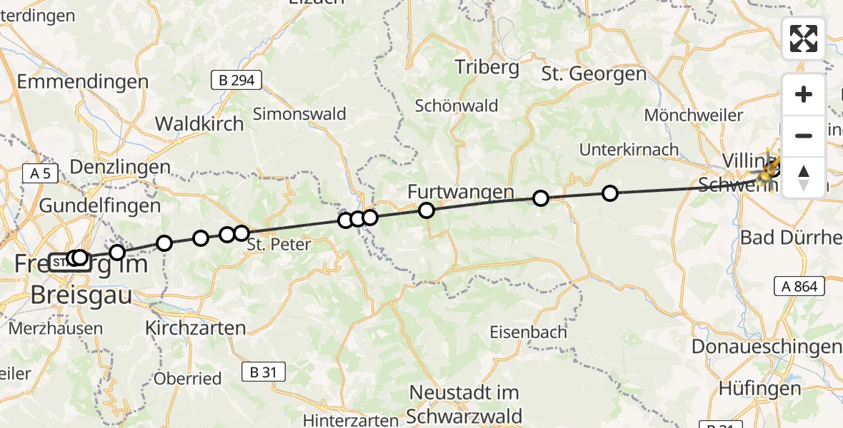 Flugroute Rettungshubschrauber Freiburg University Hospital Heliport 1 - DRF Air Rescue Station Villingen-Schwenningen Hubschrauberlandeplatz (Christoph 11), 23 April 2026, 19:49