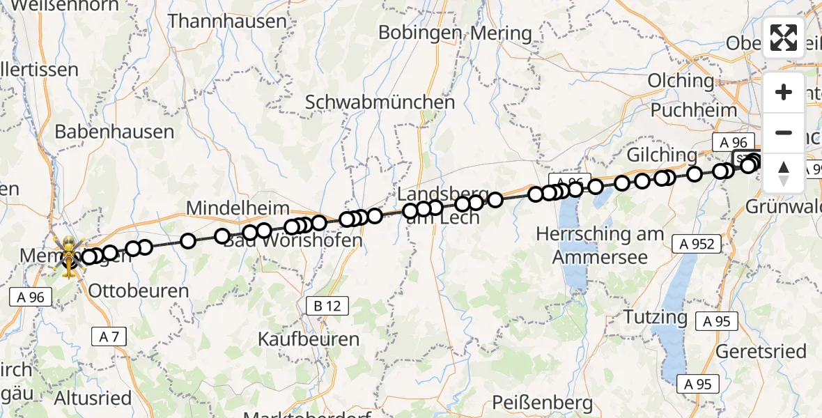 Flugroute Rettungshubschrauber DRF Air Rescue München Hubschrauberlandeplatz - Memmingen Hospital, 23 April 2026, 20:22