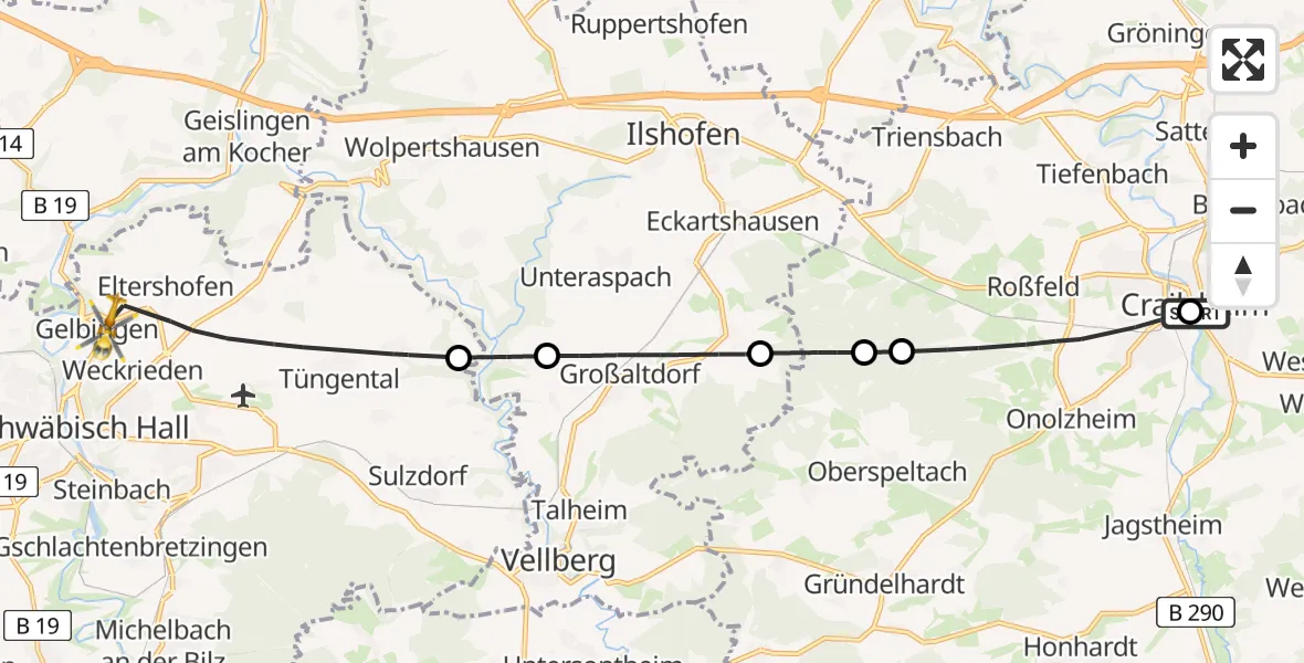 Flugroute Ambulanzhubschrauber Crailsheim Hospital - Schwäbisch Hall, 23 April 2026, 20:25