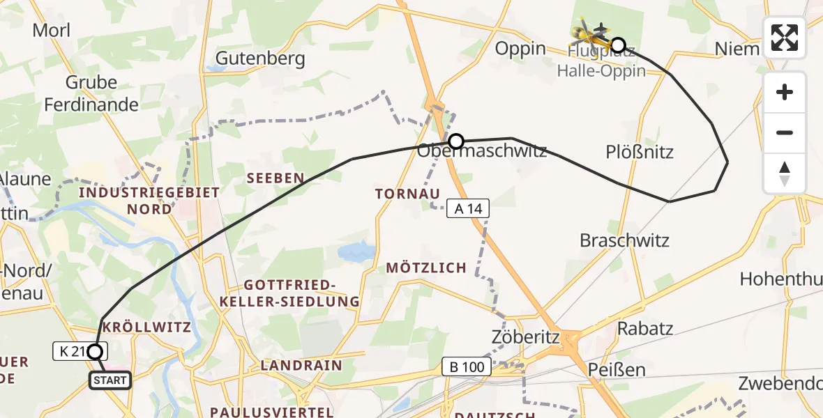 Flugroute Ambulanzhubschrauber Halle (Saale) University Hospital - Halle-Oppin Flugplatz, 23 April 2026, 20:59
