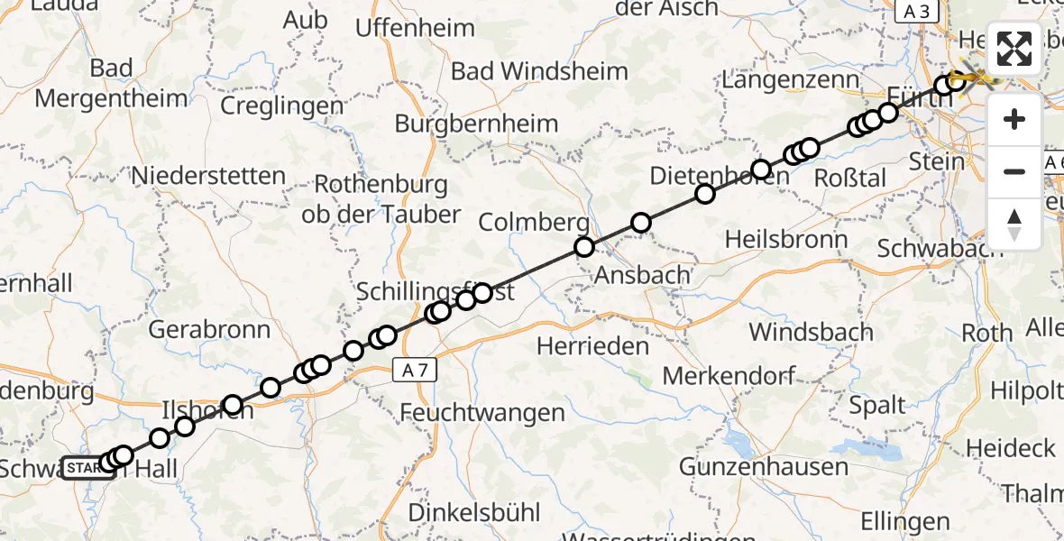 Flugroute Ambulanzhubschrauber Schwäbisch Hall - Flughafen Nuremberg, 23 April 2026, 21:19