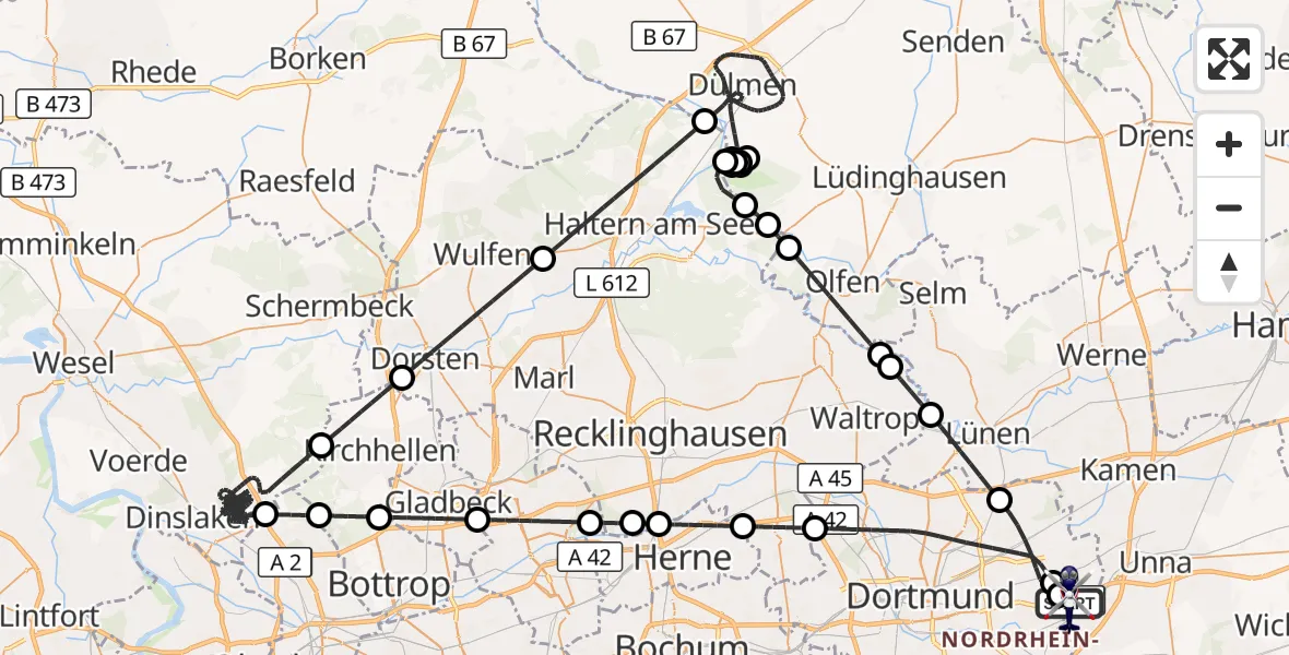 Flugroute Polizeihubschrauber Dortmund Flughafen - Dortmund Flughafen, 23 April 2026, 22:55