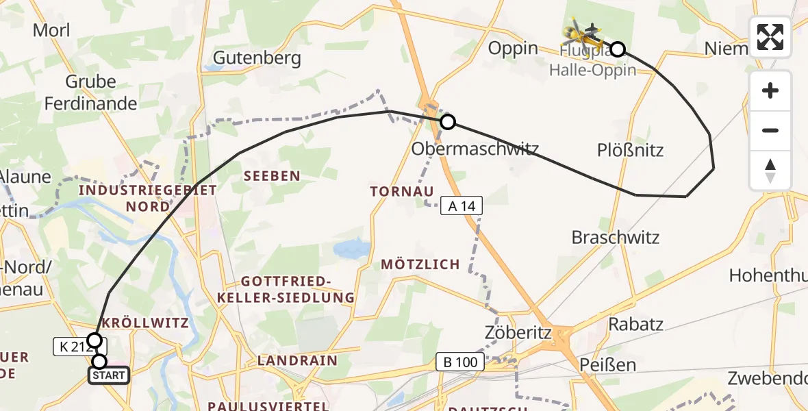 Flugroute Ambulanzhubschrauber Halle (Saale) University Hospital - Halle-Oppin Flugplatz, 23 April 2026, 23:18