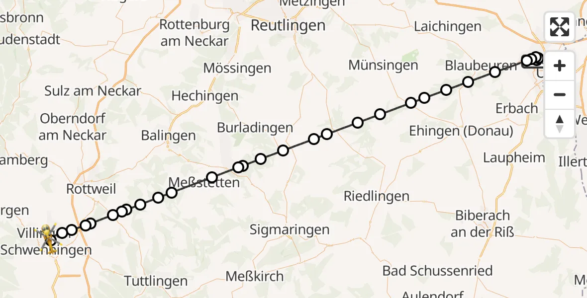 Flugroute Rettungshubschrauber Ulm Military Hospital Emergency - DRF Air Rescue Station Villingen-Schwenningen Hubschrauberlandeplatz (Christoph 11), 24 April 2026, 01:15