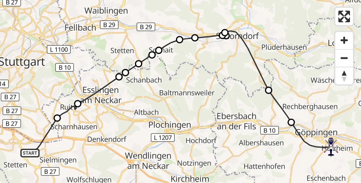 Flugroute Polizeihubschrauber Flughafen Stuttgart - Göppingen, 24 April 2026, 04:55