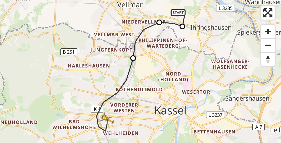 Flugroute Rettungshubschrauber Fuldatal Bundespolizei Hubschrauberlandeplatz - Kassel, 24 April 2026, 05:08