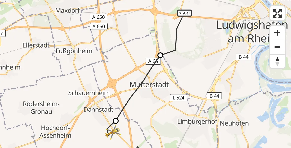 Flugroute Rettungshubschrauber Ludwigshafen am Rhein - Dannstadt-Schauernheim, 24 April 2026, 05:34