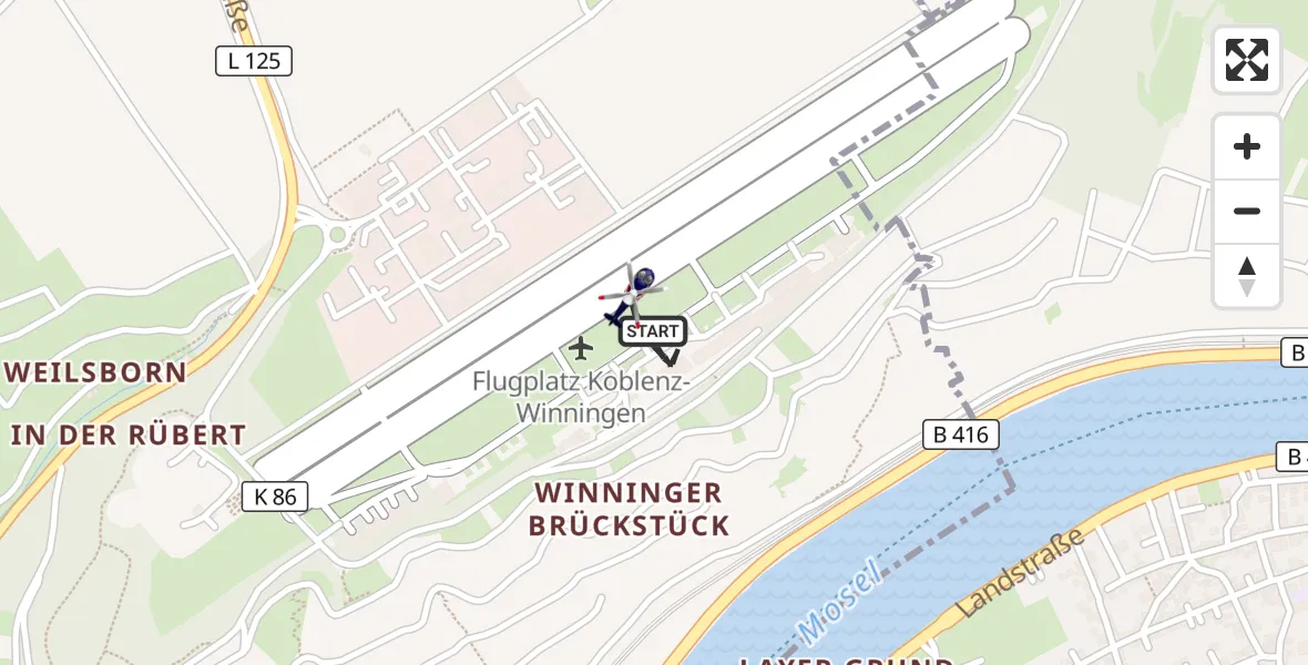 Flugroute Polizeihubschrauber Koblenz-Winningen Flugplatz - Koblenz-Winningen Flugplatz, 24 April 2026, 05:47