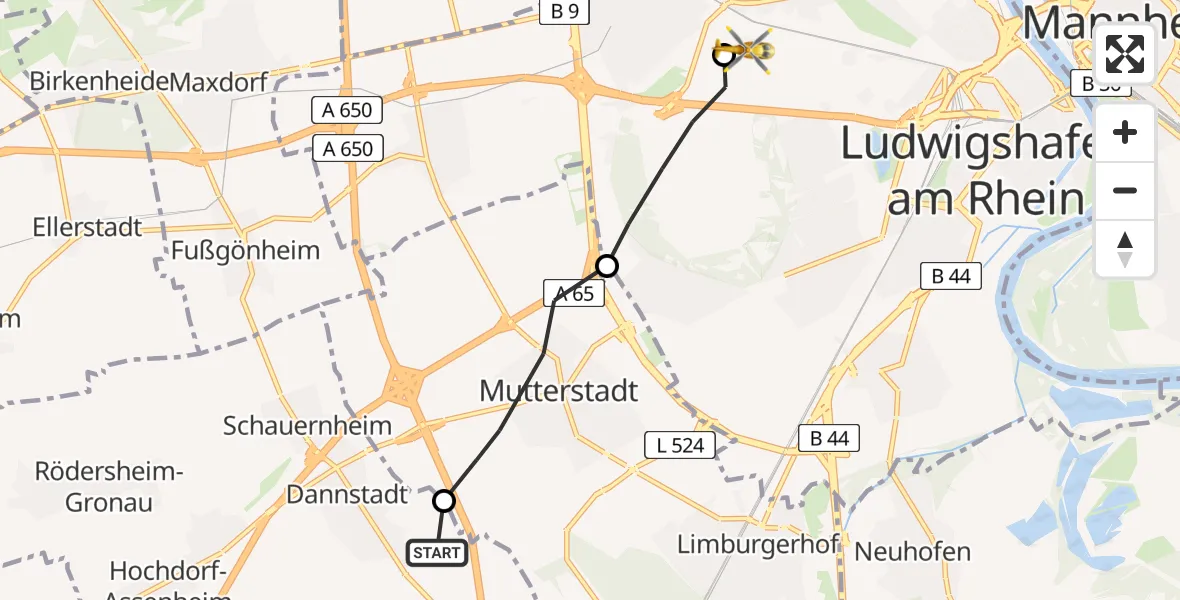 Flugroute Rettungshubschrauber Dannstadt-Schauernheim - Ludwigshafen Accident Hospital, 24 April 2026, 05:54