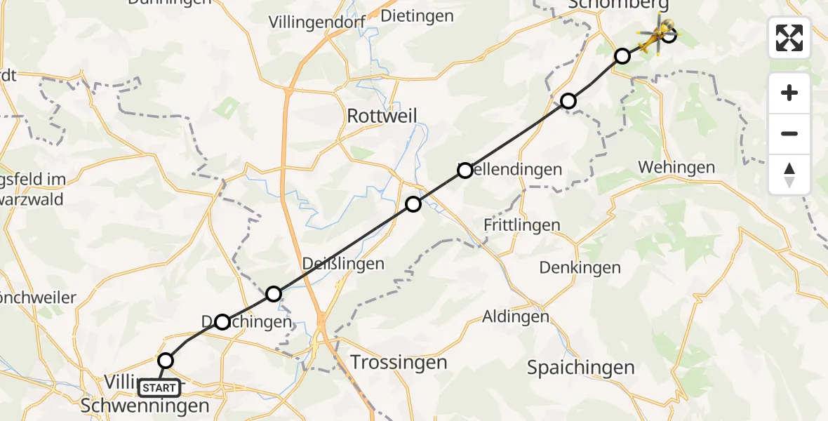 Flugroute Rettungshubschrauber DRF Air Rescue Station Villingen-Schwenningen Hubschrauberlandeplatz (Christoph 11) - Schömberg, 24 April 2026, 05:55