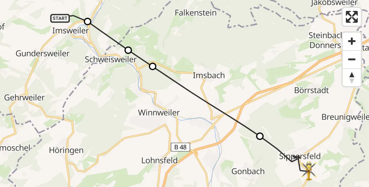 Flugroute Rettungshubschrauber Imsweiler UL - Sippersfeld, 24 April 2026, 06:01