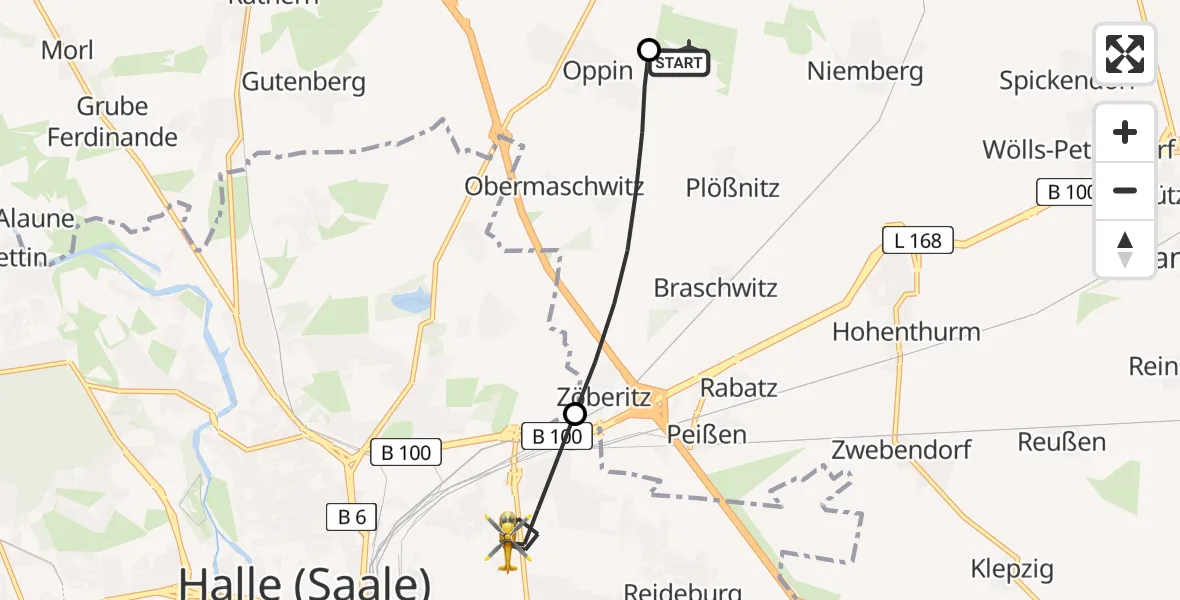 Flugroute Rettungshubschrauber Halle-Oppin Flugplatz - Halle (Saale), 24 April 2026, 06:07