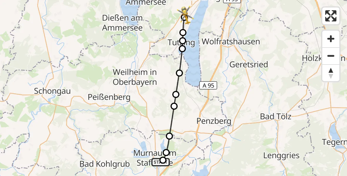 Flugroute Rettungshubschrauber Murnau Accident Hospital - Pöcking, 24 April 2026, 06:17