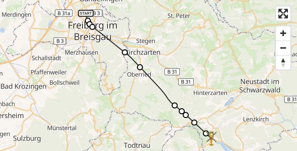 Flugroute Ambulanzhubschrauber Freiburg im Breisgau Flugplatz - Schluchsee, 24 April 2026, 06:23