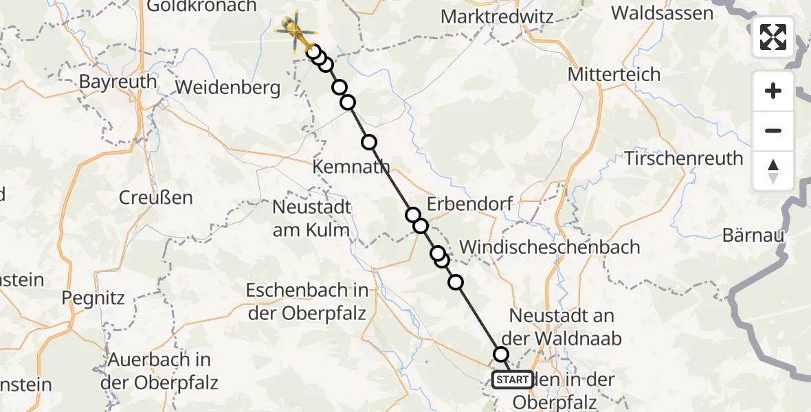 Flugroute Rettungshubschrauber Weiden i.d.OPf. - Fichtelberg, 24 April 2026, 06:30