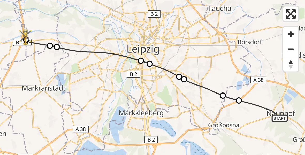 Flugroute Rettungshubschrauber Naunhof - ADAC Air Rescue Station Leipzig/Schkeuditz-Dölzig Hubschrauberlandeplatz (Christoph 61), 24 April 2026, 06:35