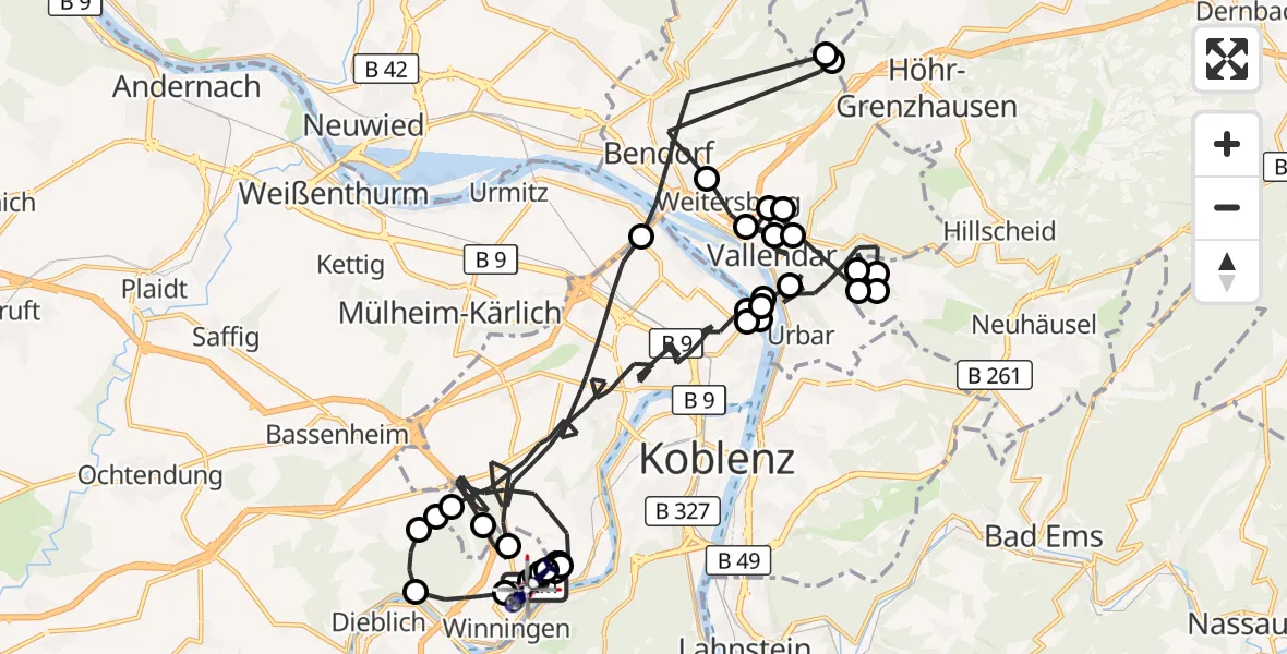 Flugroute Polizeihubschrauber Koblenz-Winningen Flugplatz - Koblenz-Winningen Flugplatz, 24 April 2026, 06:38