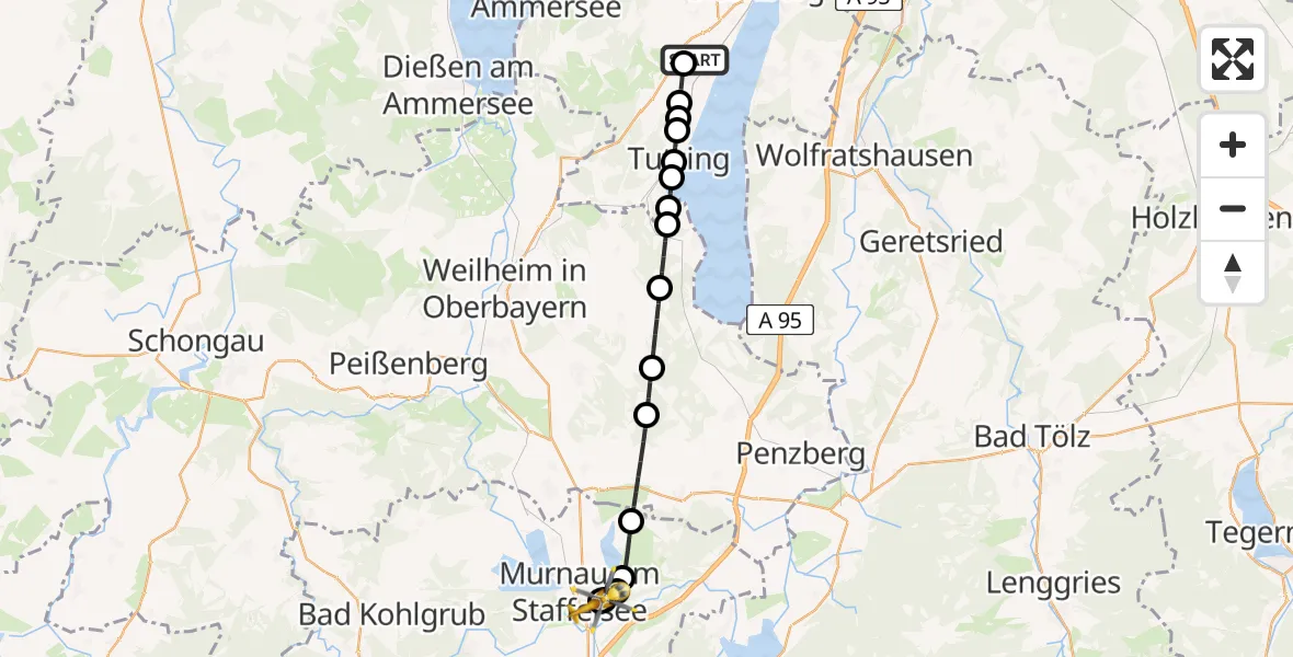 Flugroute Rettungshubschrauber Pöcking - Murnau Accident Hospital, 24 April 2026, 06:39