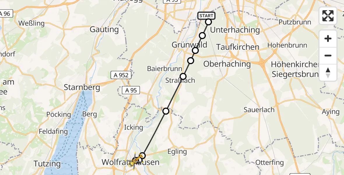 Flugroute Rettungshubschrauber ADAC Air Rescue Center Hubschrauberlandeplatz (Christoph 1) - Wolfratshausen Kreisklink Hubschrauberlandeplatz, 24 April 2026, 06:40
