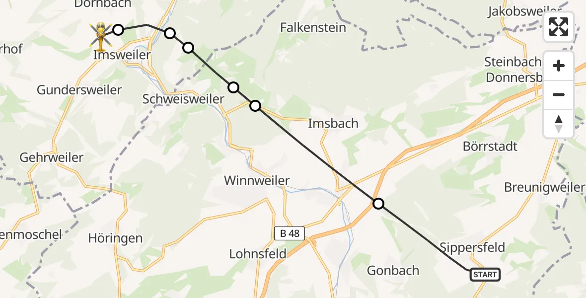 Flugroute Rettungshubschrauber Sippersfeld - Imsweiler UL, 24 April 2026, 06:45