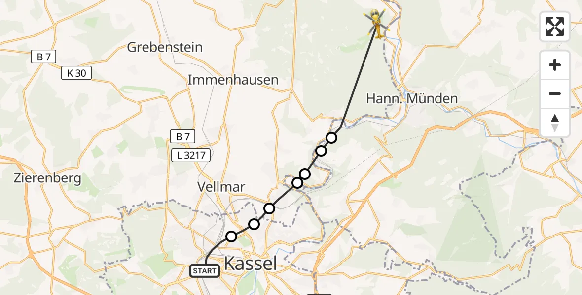Flugroute Rettungshubschrauber Kassel - Reinhardshagen, 24 April 2026, 06:58