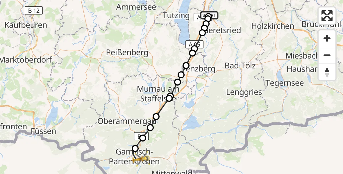 Flugroute Rettungshubschrauber Wolfratshausen Kreisklink Hubschrauberlandeplatz - Garmisch-Partenkirchen Clinic Hubschrauberlandeplatz, 24 April 2026, 07:09