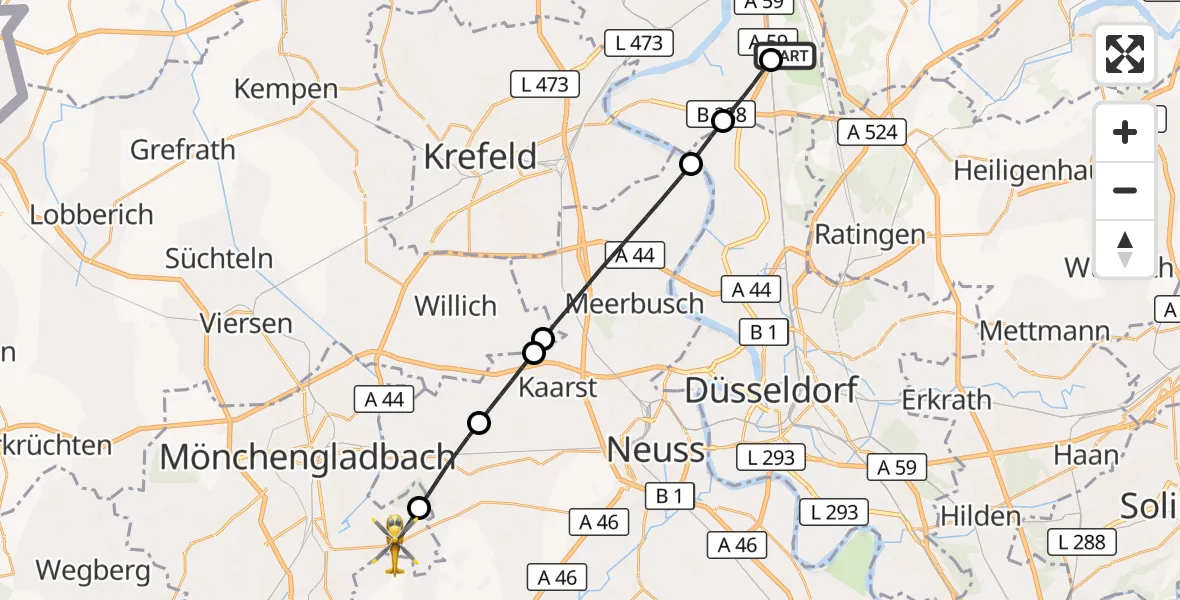 Flugroute Rettungshubschrauber Duisburg Air Rescue Hubschrauberlandeplatz (Christoph 9) - Mönchengladbach, 24 April 2026, 07:14