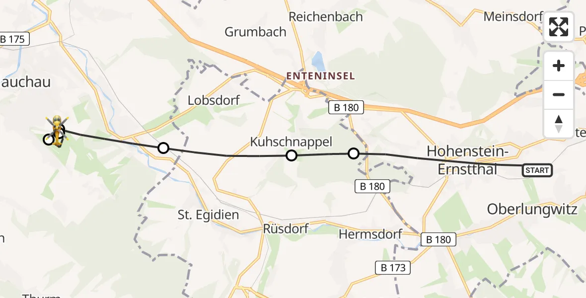 Flugroute Rettungshubschrauber Hohenstein-Ernstthal - Rudolf Virchow Hospital Glauchau, 24 April 2026, 07:17