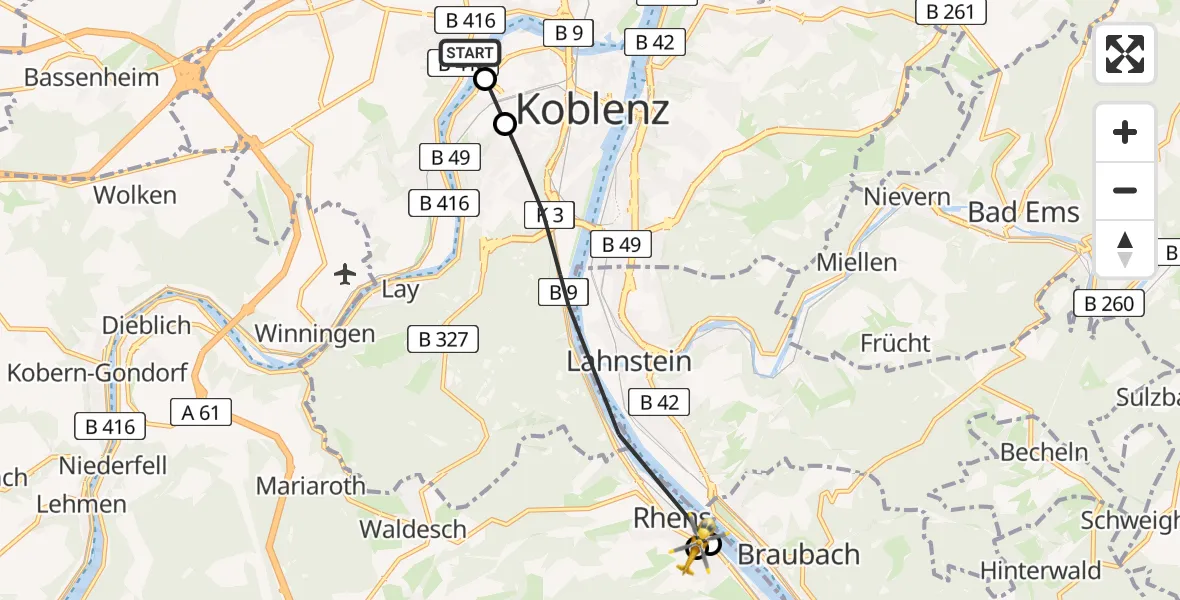 Flugroute Rettungshubschrauber Koblenz - Rhens, 24 April 2026, 07:30