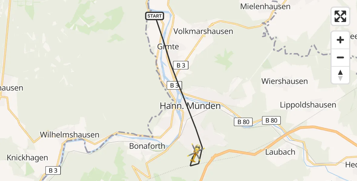 Flugroute Rettungshubschrauber Hann.Münden - Hann.Münden, 24 April 2026, 07:31