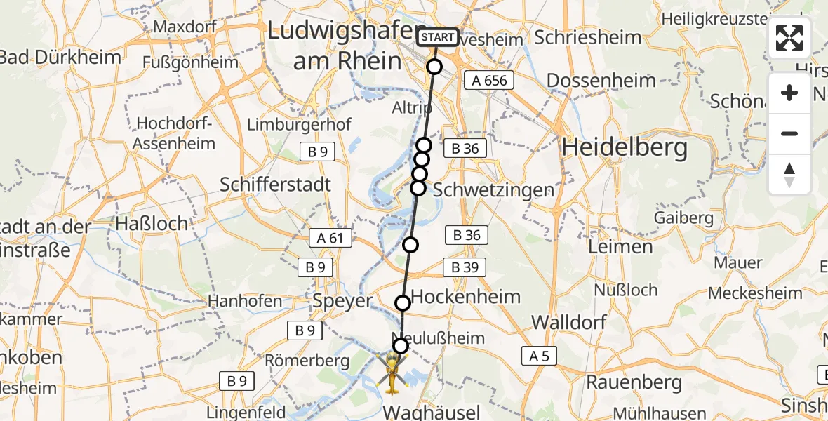 Flugroute Rettungshubschrauber Mannheim-City Flughafen - Oberhausen-Rheinhausen, 24 April 2026, 07:32