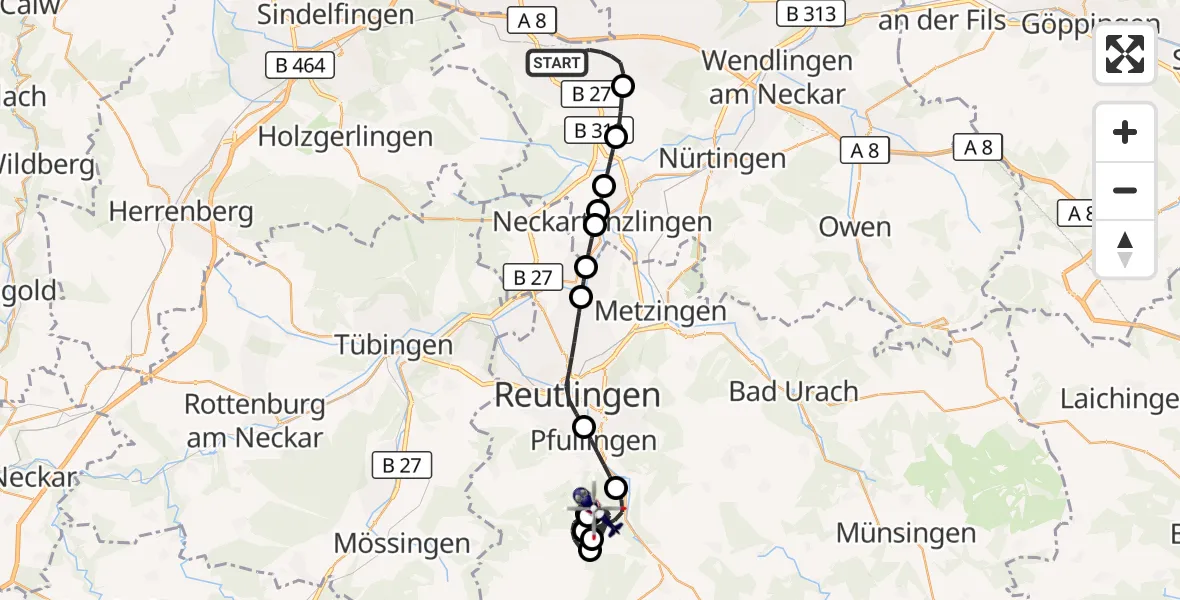 Flugroute Polizeihubschrauber Flughafen Stuttgart - Lichtenstein, 24 April 2026, 07:34