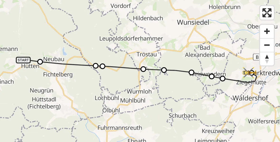 Flugroute Rettungshubschrauber Warmensteinach - Fichtelgebirge Hospital Marktredwitz, 24 April 2026, 07:36