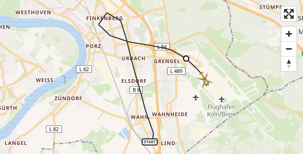 Flugroute Rettungshubschrauber Köln - Köln Bonn Flughafen, 24 April 2026, 07:45