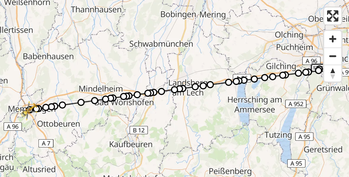 Flugroute Rettungshubschrauber DRF Air Rescue München Hubschrauberlandeplatz - Memmingen Hospital, 24 April 2026, 07:49