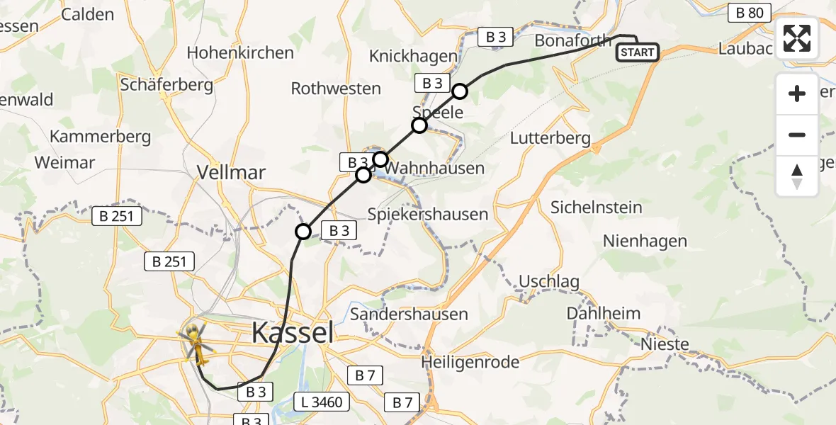 Flugroute Rettungshubschrauber Hann.Münden - Kassel, 24 April 2026, 07:49