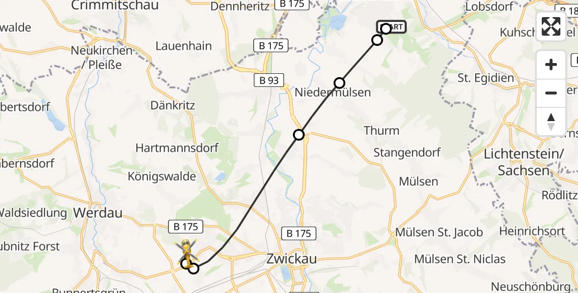 Flugroute Rettungshubschrauber Rudolf Virchow Hospital Glauchau - ADAC Air Rescue Station Zwickau Hubschrauberlandeplatz, 24 April 2026, 07:51