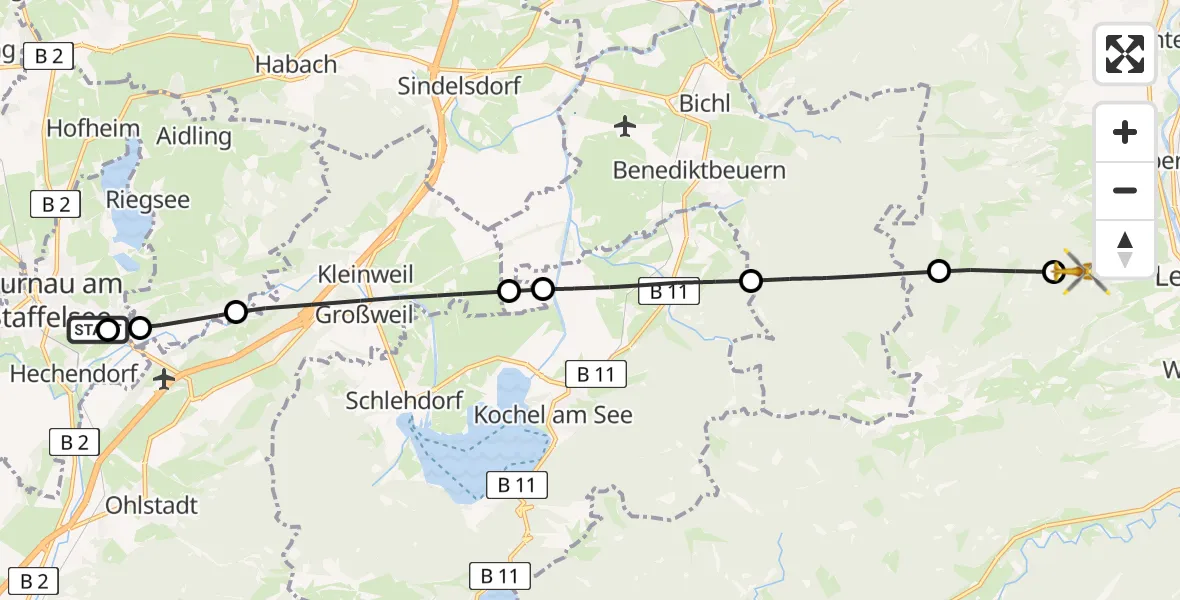 Flugroute Rettungshubschrauber Murnau Accident Hospital - Lenggries, 24 April 2026, 07:58